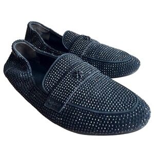 $398 TORY BURCH Black‎ Embellished Crystal Leather Loafer Slip On Shoes SZ 9.5M